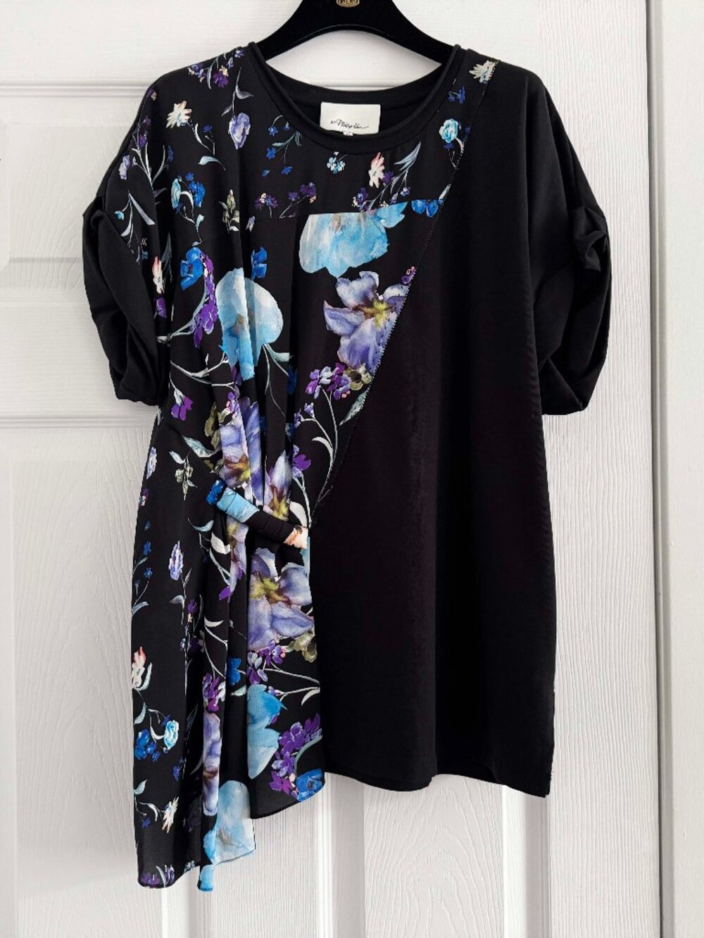 3.1 Phillip Lim Tee Shirt with Gathered Silk Floral Overlay in Black, size Mediu